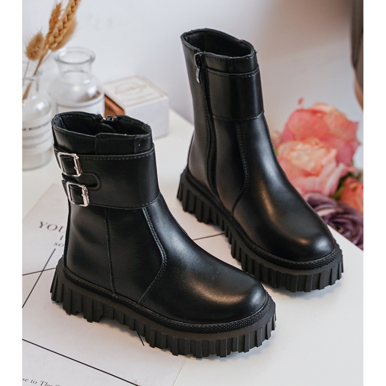 Dětské kožené boty s přezkami Black Chloraia černý 2