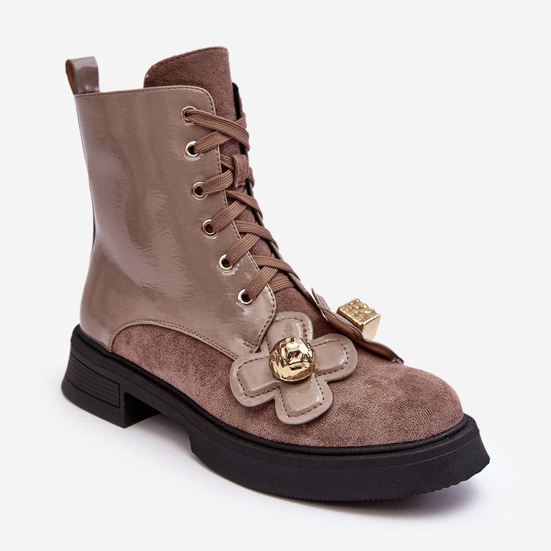 S.Barski Módní dámské kotníkové boty na zip s ozdobami D&amp;A MR870-76 šedohnědá béžový 1