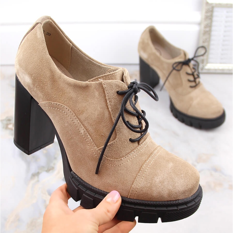 Dámské kožené semišové boty na vysokém podpatku a platformě, béžová Filippo DP4918 béžový 1