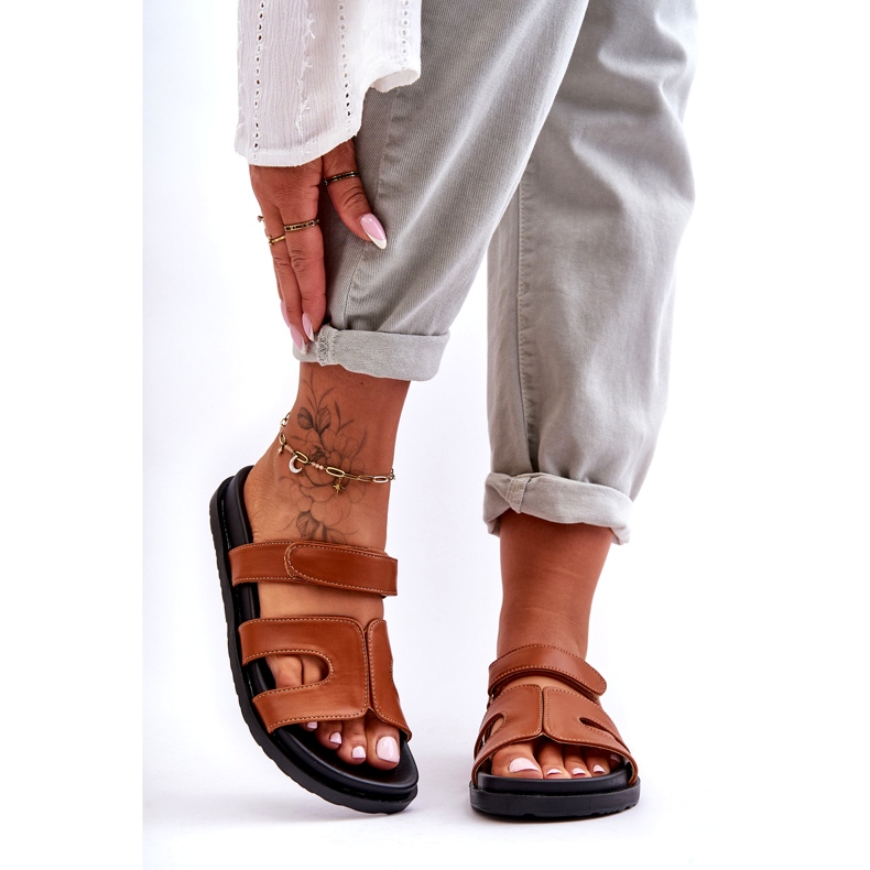 Joia Kožené klasické dámské žabky na suchý zip, hnědé hnědý 2