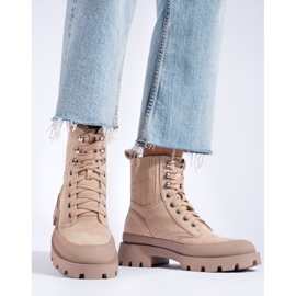 SHELOVET Béžové šněrovací semišové kotníkové boty béžový 2