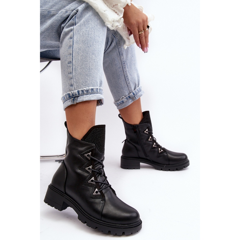 Kožené zateplené boty s kamínky Černá Gwen S.Barski HY93-52A 2