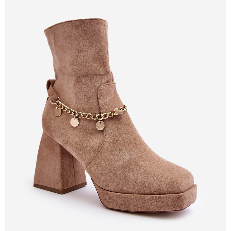 Dámské kotníkové boty na vysokém podpatku s řetízkem, béžová Tiselo béžový 1