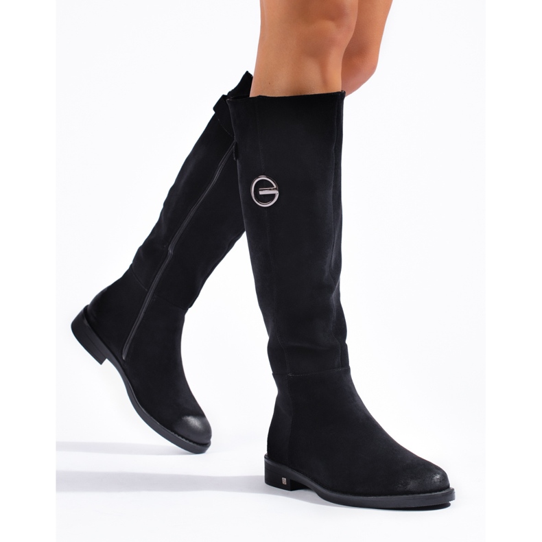 W. Potocki Semišové dámské kozačky na plochém podpatku značky Potocki černá 1