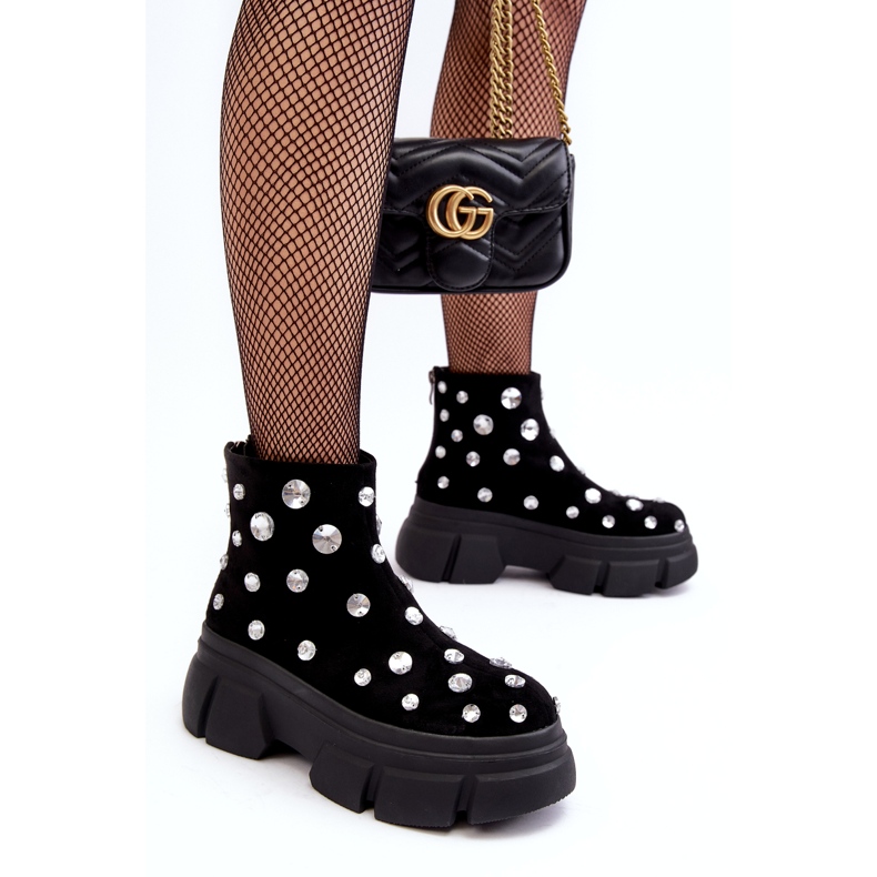 S.Barski Semišové zateplené boty s krystaly D&amp;A MR870-83 Black černá 2