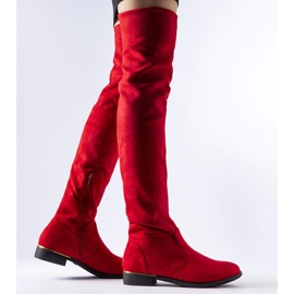 Dlouhé červené teplé eko semišové kozačky Elwira 1