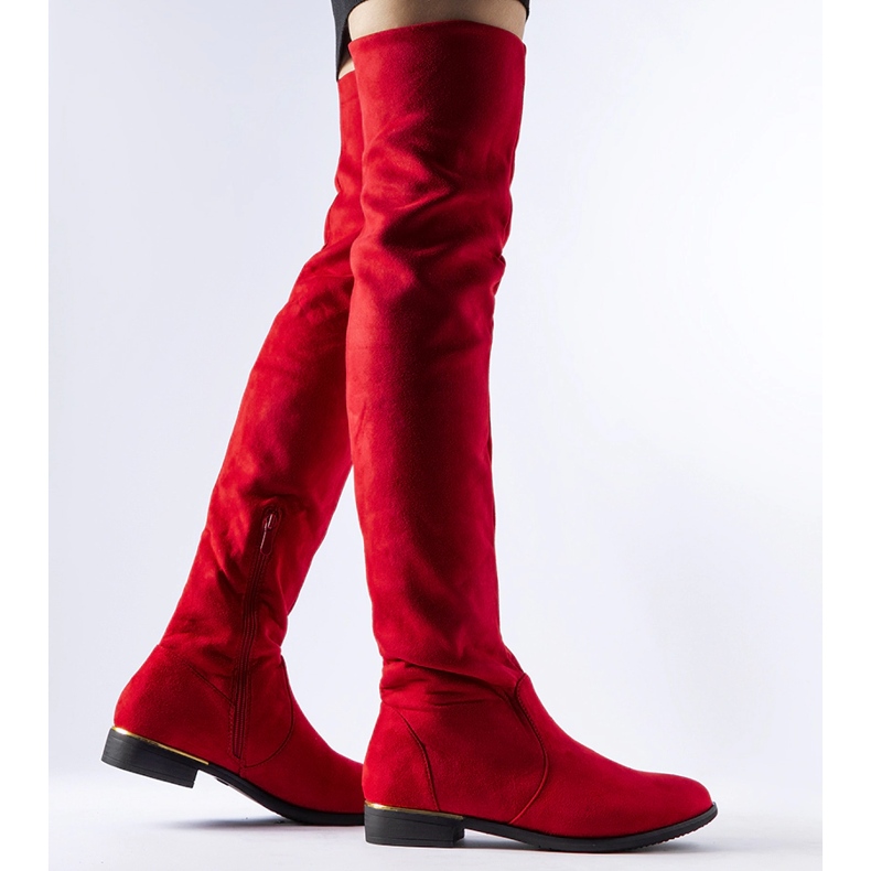 Dlouhé červené teplé eko semišové kozačky Elwira 1