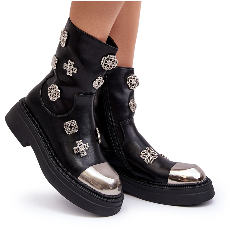 S.Barski Kožené zateplené kotníkové boty s ozdobami D&amp;A MR870-14A Černá 5