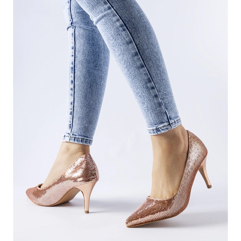 Růžové flitrové lodičky na vysokém podpatku Ernesto zlatý 1