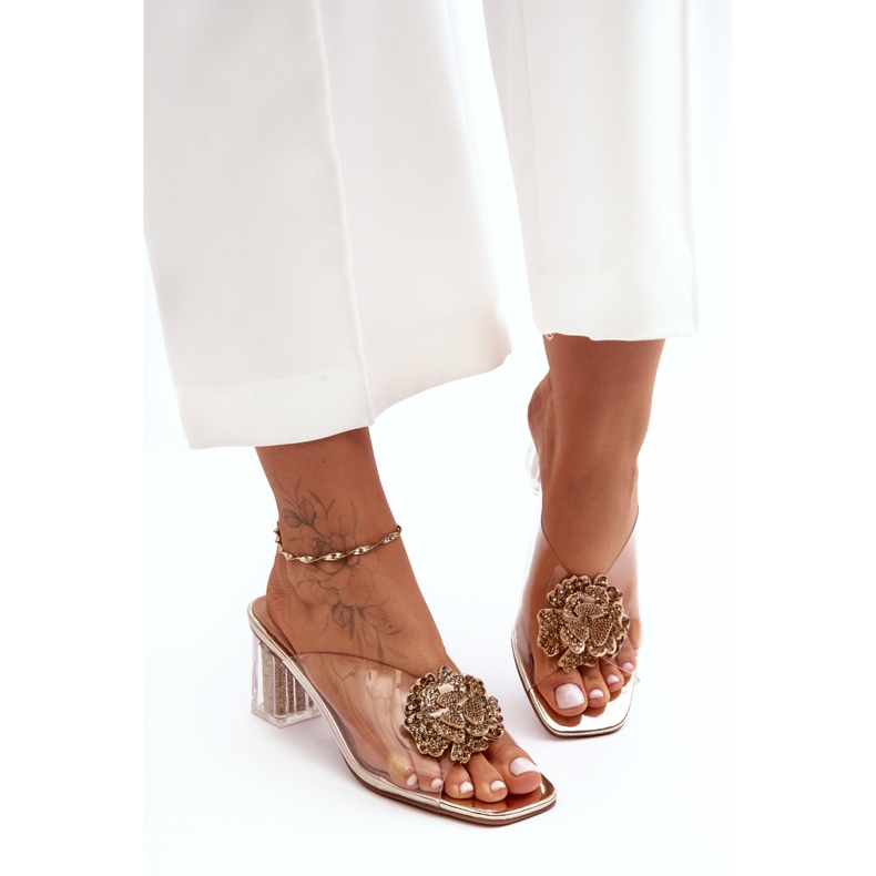 Transparentní žabky na vysokém podpatku se zlatým zdobením S.Barski MR1037-20 2