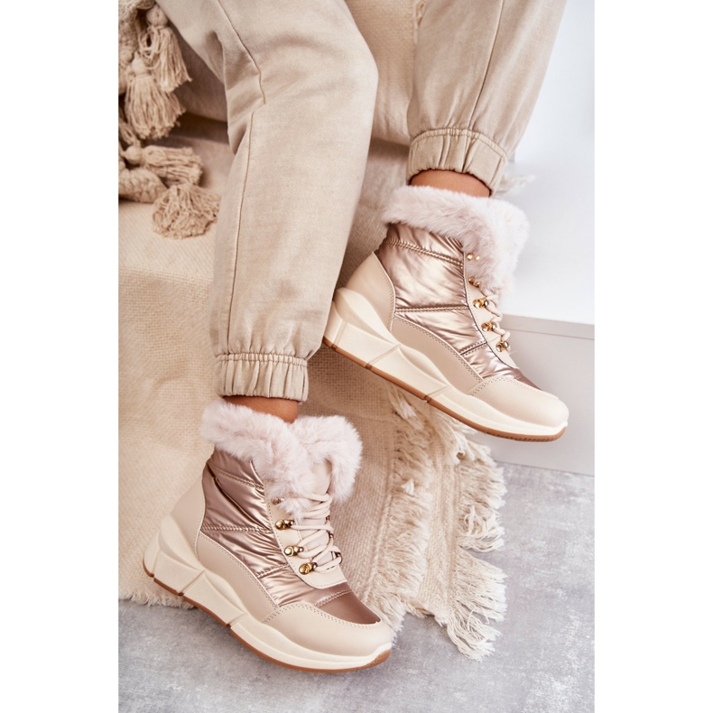 NEWS Dámské sněhové boty krajky -Up s kožešinovou béžovou béžový 2