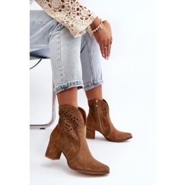 Zazoo 3166 dámské prolamované boty na vysokém podpatku, semišové Camel hnědý 1