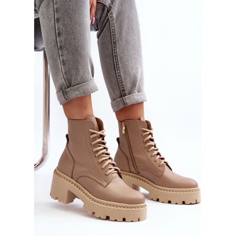 Zazoo 3413 Dámské kožené pracovní kotníkové boty s masivními vysokými podpatky, béžová béžový 2 Zazoo 3413 Dámské kožené pracovní kotníkové boty s masivními vysokými podpatky, béžová béžový 2