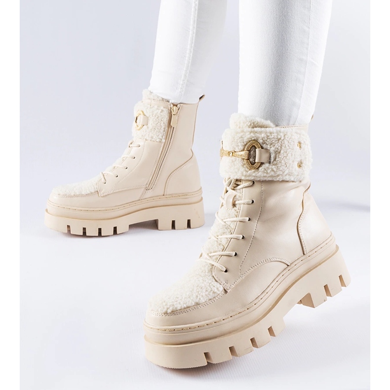 Béžové zateplené dělnické boty s přezkou Highland béžový 1