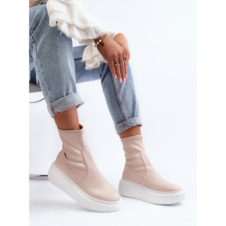 Dámské kožené kotníkové boty Zazoo 3395 na masivní platformě, béžová béžový 1