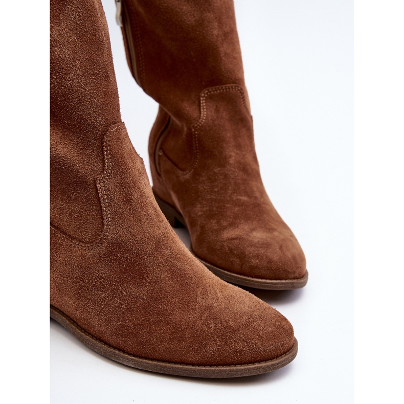 Zazoo 3407 Semišové kozačky nad kolena s plochými velbloudími podpatky hnědý 2