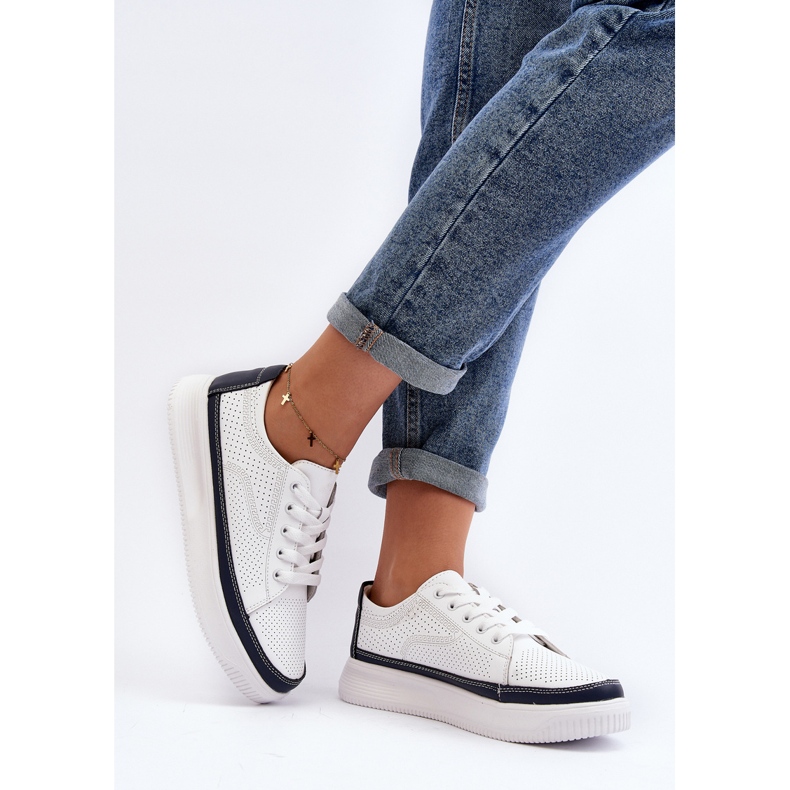 Sergio Leone Dámské kožené sportovní boty Tenisky bílé a tmavě modré Failla bílý 2