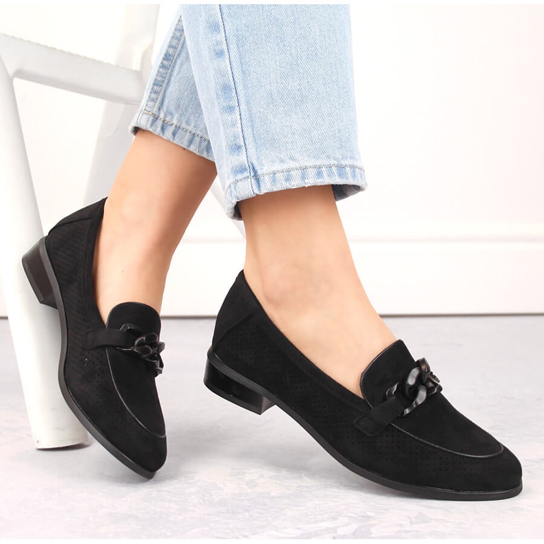 Dámské semišové prolamované boty na vysokém podpatku, černé Potocki SZ12052 černá 1