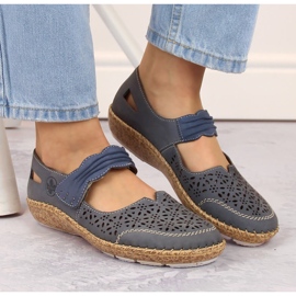 Dámské kožené prolamované boty na suchý zip, modré Rieker 44896-15 modrý 3