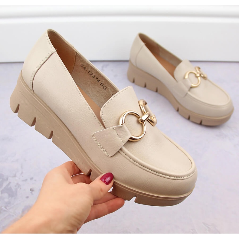 Dámské boty, mokasíny na klínku, béžové Potocki SZ12374 béžový 1