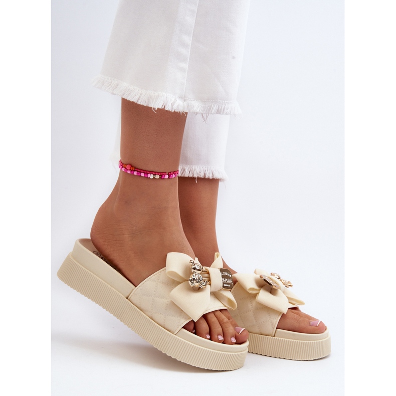 Dámské béžové žabky s mašlí a medvídkem Katterina béžový 2