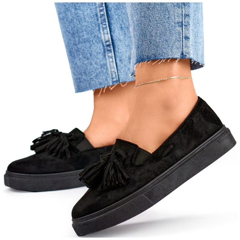 Černé dámské boty s třásněmi, černé mokasíny s třásněmi černá 1