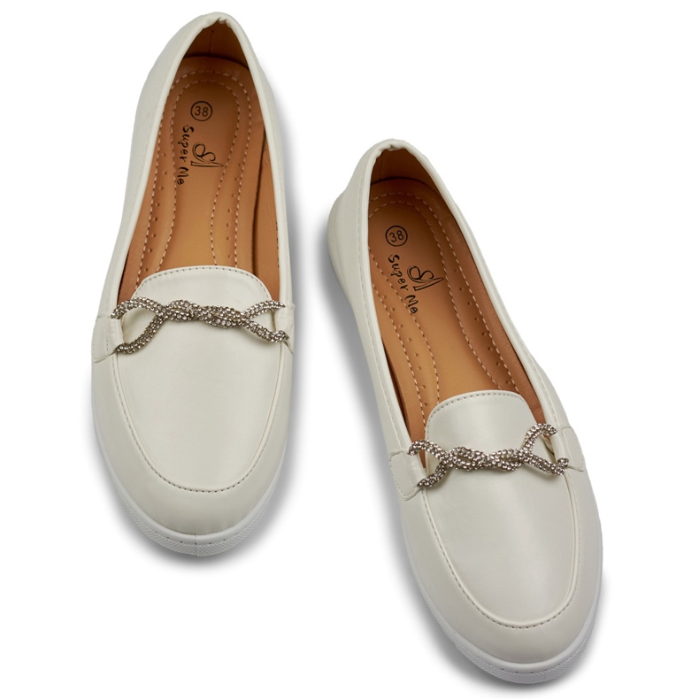 Pohodlné bílé dámské mokasíny s kamínky bílý 1