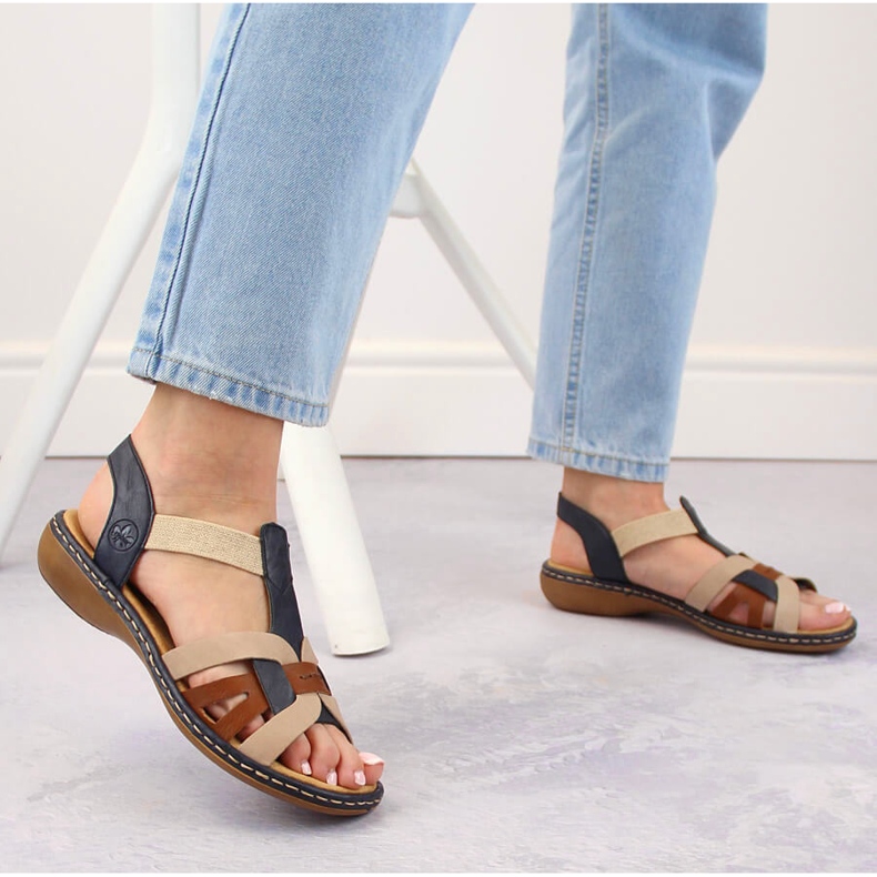 Pohodlné dámské nazouvací sandály s vícebarevnými elastickými pásky, Rieker 65918-90 béžový 2 Pohodlné dámské nazouvací sandály s vícebarevnými elastickými pásky, Rieker 65918-90 béžový 2