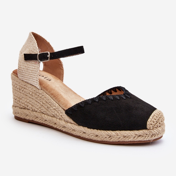 Semišové Espadrille Sandály na klínu s prýmkem, černý Raylin 1