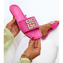 Dámské žabky na plochém podpatku s fuchsiovou inaile ozdobou růžový 1