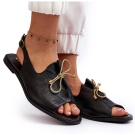 Zazoo 2898 Kožené ploché sandály černé s mašlí černý 4