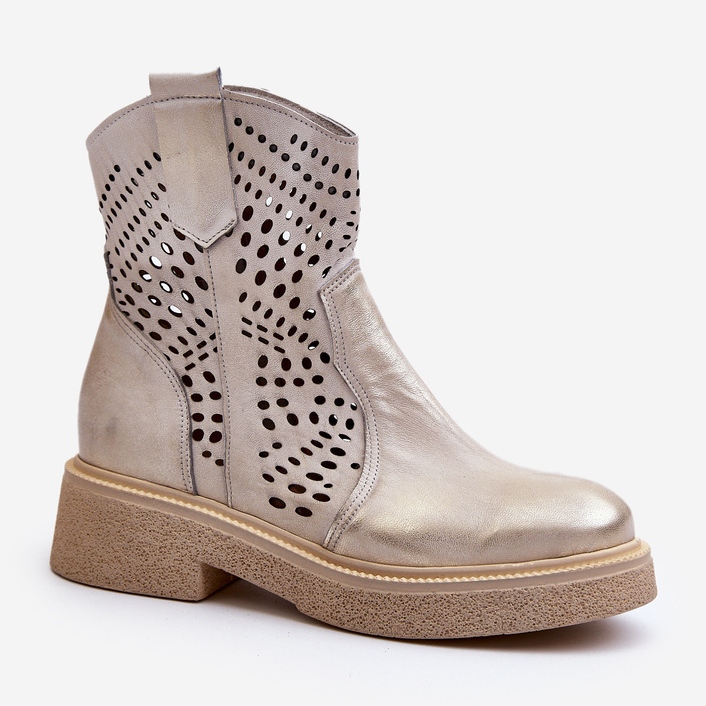 Dámské kožené kotníkové boty Zazoo 3470 na plochém podpatku, prolamované, broušené zlato zlatý 2