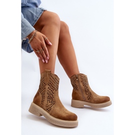 Zazoo 3470 Semišové dámské boty na plochém podpatku, prolamované, béžová béžový 2