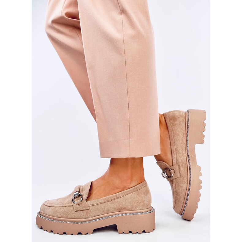 Nadýchané khaki semišové mokasíny s vysokou podrážkou béžový 2