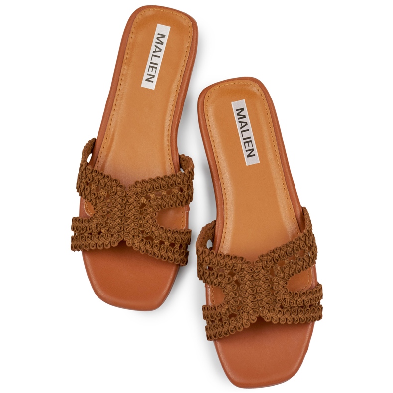 Krajkové hnědé dámské žabky s plochou podrážkou hnědý 1 Krajkové hnědé dámské žabky s plochou podrážkou hnědý 1