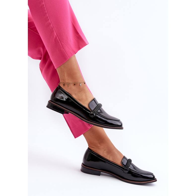 Sergio Leone Dámské kožené mokasíny s ozdobným páskem, Lakovaná černá Saosin 1