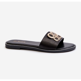 Dámské žabky se zdobením z eko kůže na plochém podpatku, černá Sadria 1 Dámské žabky se zdobením z eko kůže na plochém podpatku, černá Sadria 1