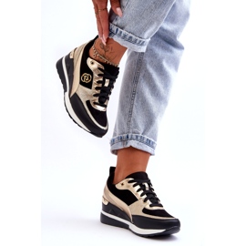 Evento Dámské šněrovací tenisky na klínku černá a zlatá Genova 1 Evento Dámské šněrovací tenisky na klínku černá a zlatá Genova 1