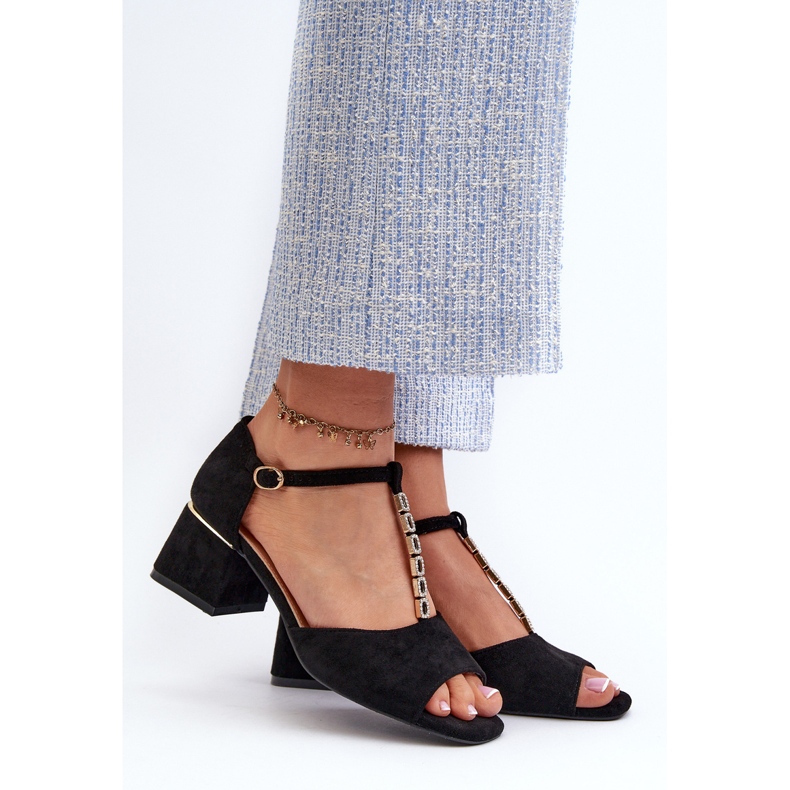 Vinceza Dámské sandály s blokovým podpatkem a ozdobným páskem, Eco Suede, Černá Obivena 2