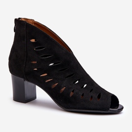 Jezzi Dámské prolamované ekologické semišové kotníkové boty na vysokém podpatku s otevřenou špičkou, černá Timalre 1