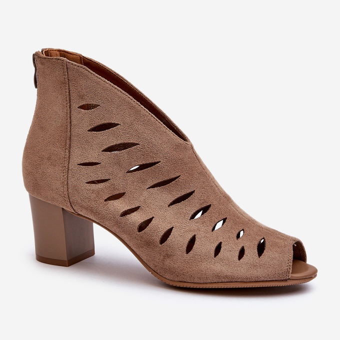 Jezzi Dámské prolamované eko semišové kotníkové boty na vysokém podpatku s otevřenou špičkou Béžová Timalre béžový 1