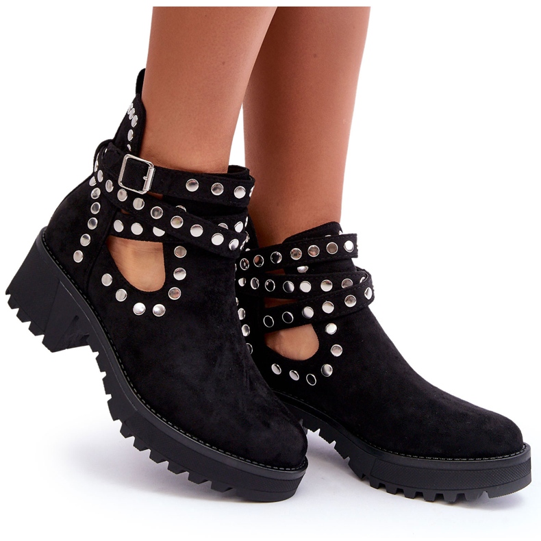 Ideal Shoes Semišové dámské kotníkové boty s ozdobnými cvočky, černá černý 7
