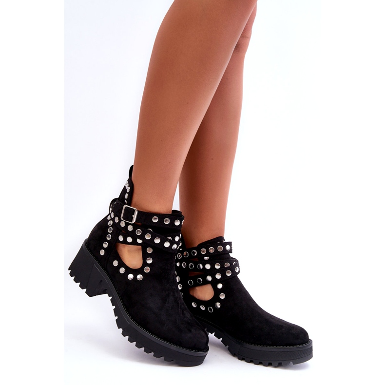Ideal Shoes Semišové dámské kotníkové boty s ozdobnými cvočky, černá černý 3