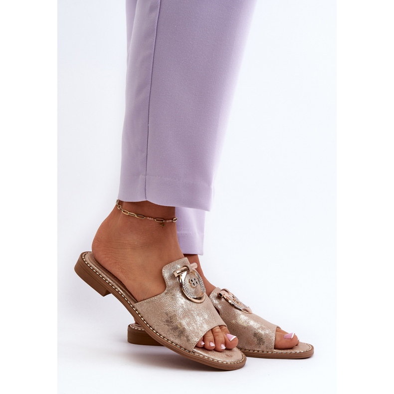 Elegantní lesklé dámské žabky s ozdobou S.Barski KV27-032 zlatá zlatý 2