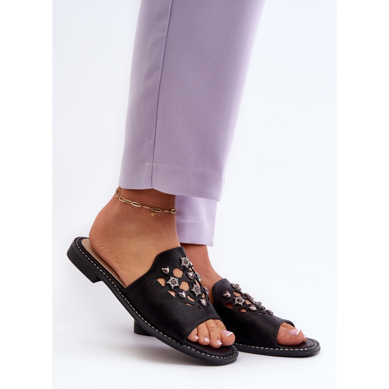 Lesklé dámské žabky s ozdobami S.Barski KV27-063 Černá 2