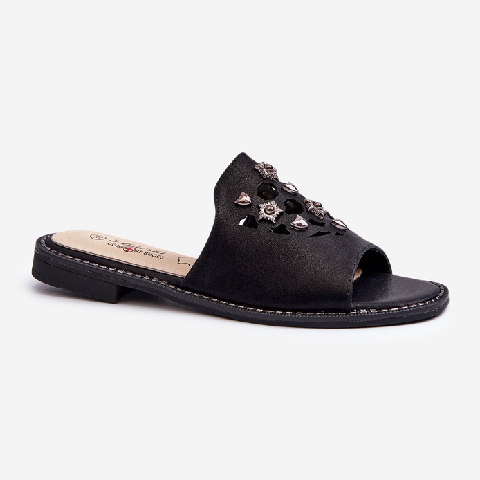 Lesklé dámské žabky s ozdobami S.Barski KV27-063 Černá 1