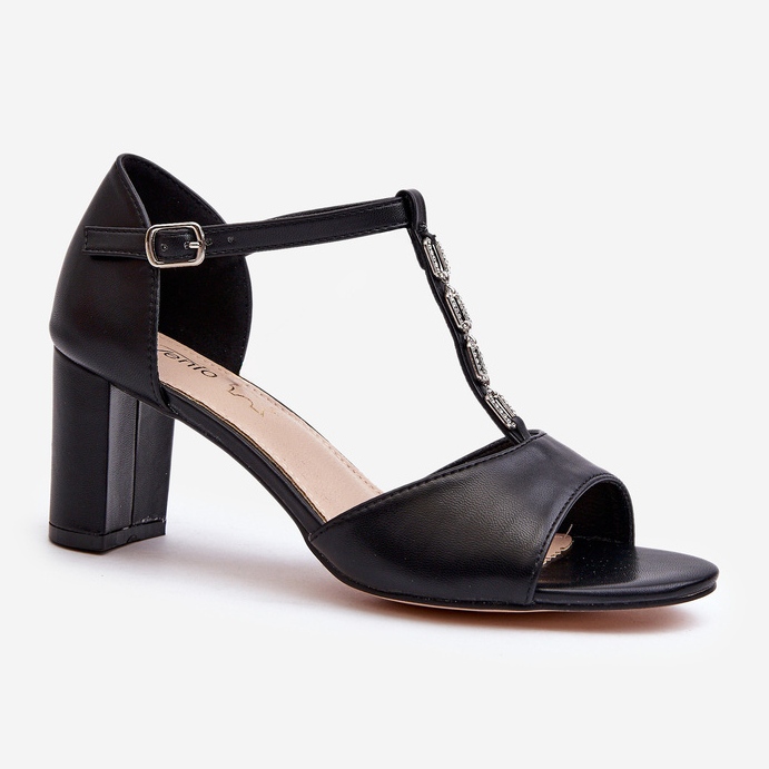 Dámské sandály na vysokém podpatku s ozdobným páskem, eko kůže, černá triavera 1