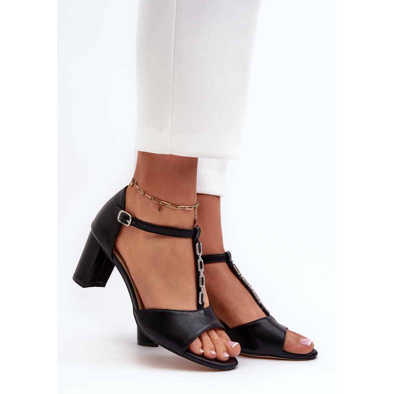Dámské sandály na vysokém podpatku s ozdobným páskem, eko kůže, černá triavera 2