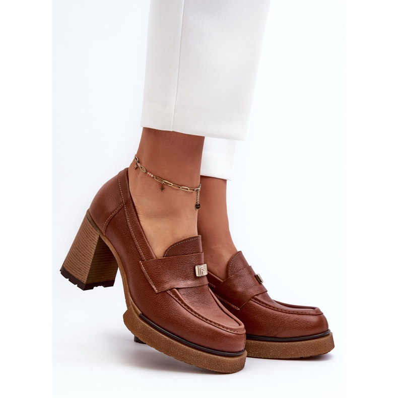 Zazoo 20169 hnědé kožené boty na vysokém podpatku hnědý 2