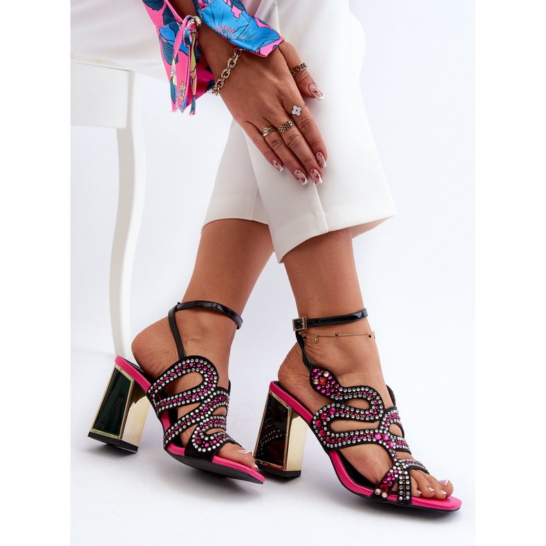 S.Barski Zdobené dámské sandály na vysokém podpatku D&amp;A CR952 Black černá 1